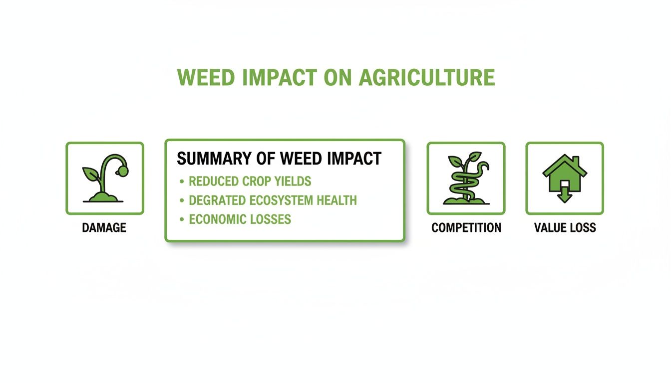 Infographic showing the impact of weeds on agriculture, including damage, competition, value loss, and economic losses.