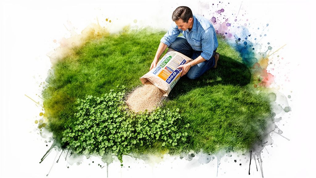 A man kneels on a green lawn, applying granular fertilizer from a bag to a patch of clover.