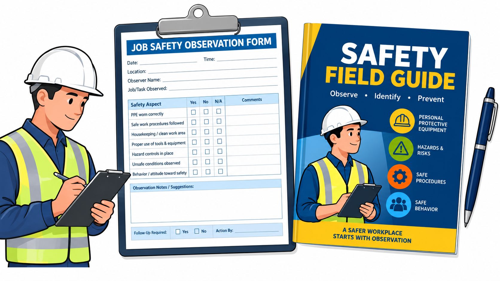 A construction worker in a safety vest holding a clipboard with a Job Safety Observation Form document.