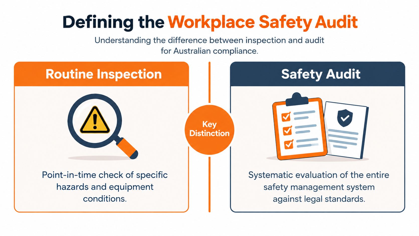 An infographic comparing routine safety inspections with safety audits to understand Australian workplace compliance standards.