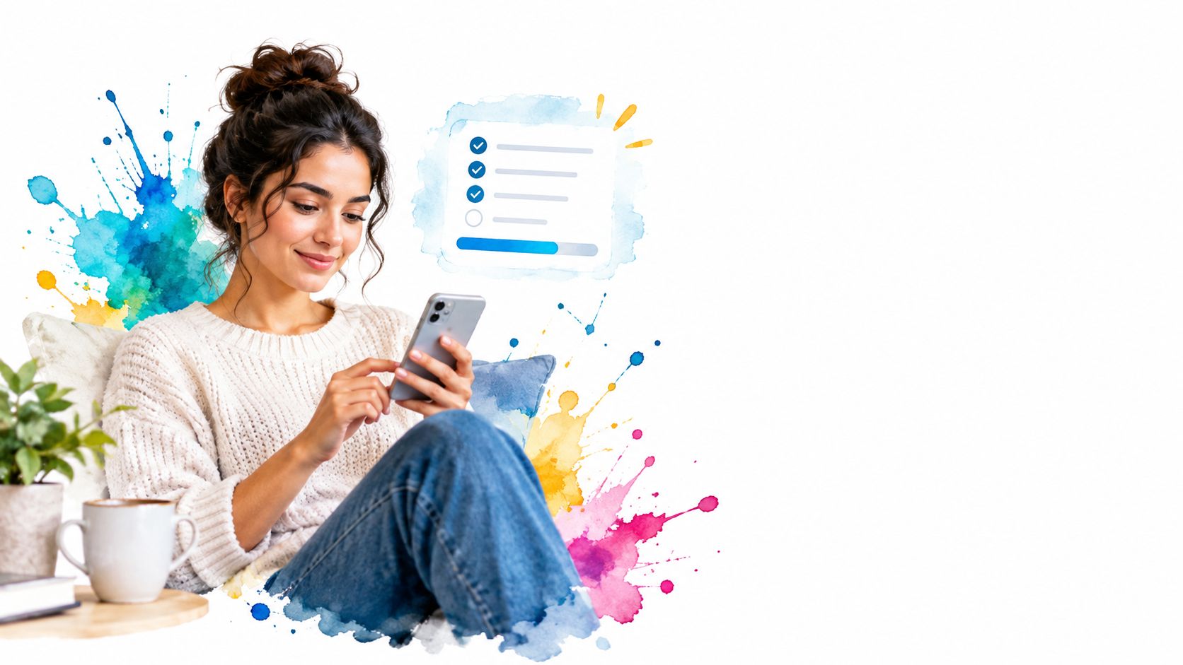 A smiling woman using her smartphone to complete an online survey with a digital checklist interface.