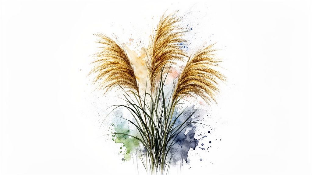 A watercolor illustration featuring three golden pampas grass plumes with vibrant paint splatters.