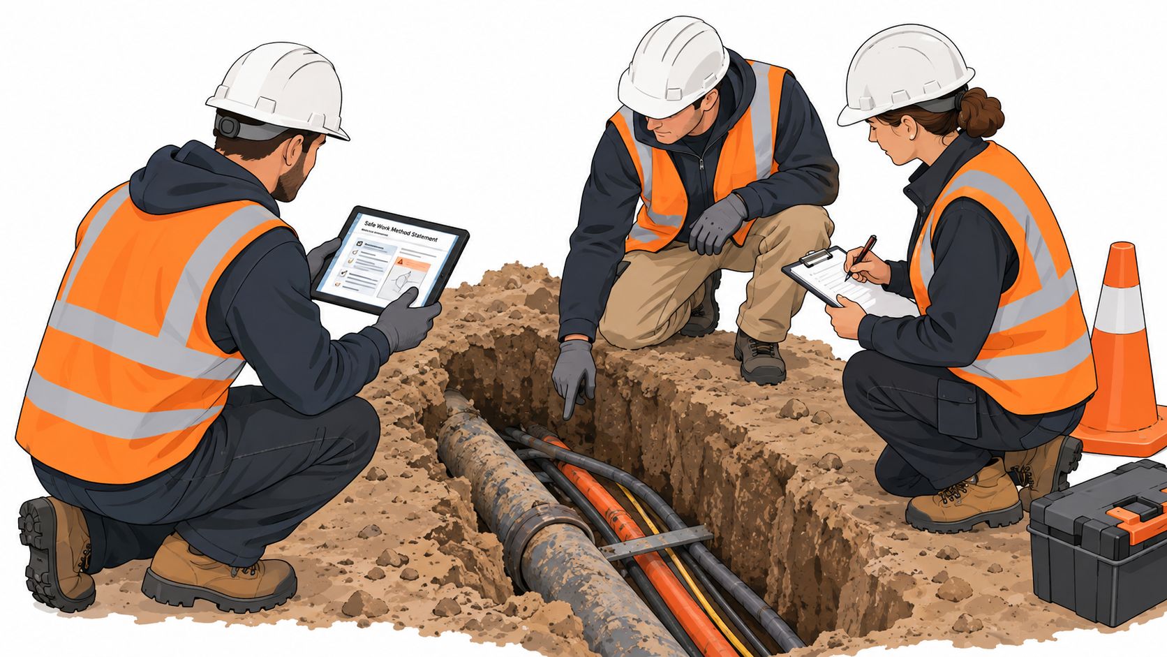 Three construction workers in safety gear reviewing documents and plans while inspecting an open utility trench.