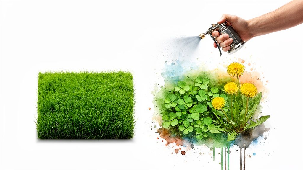 A hand sprays herbicide on a patch of clover and dandelions next to a perfect green lawn.