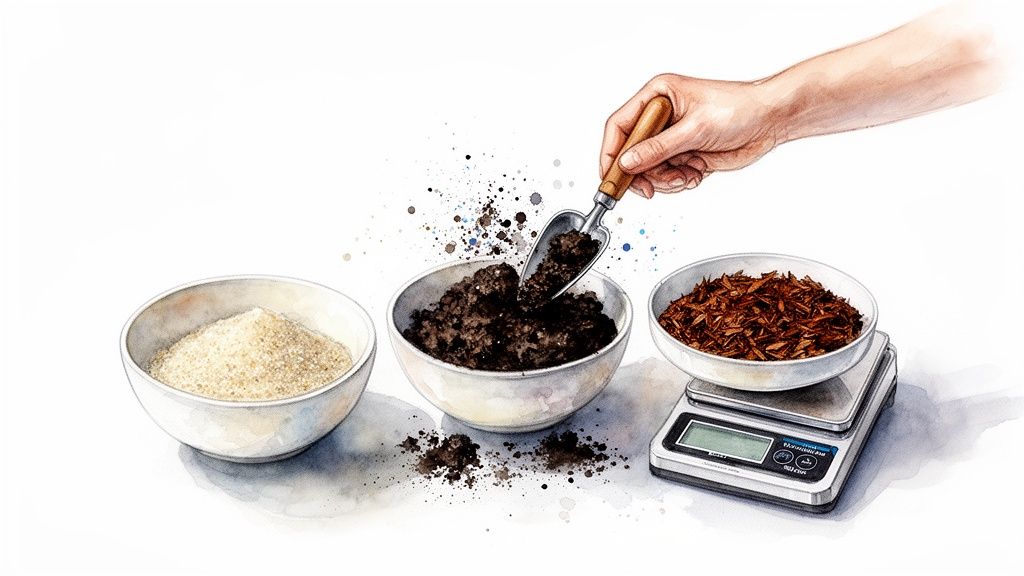 A hand with a trowel scoops dark soil into a bowl, alongside bowls of sand and wood chips on a scale.
