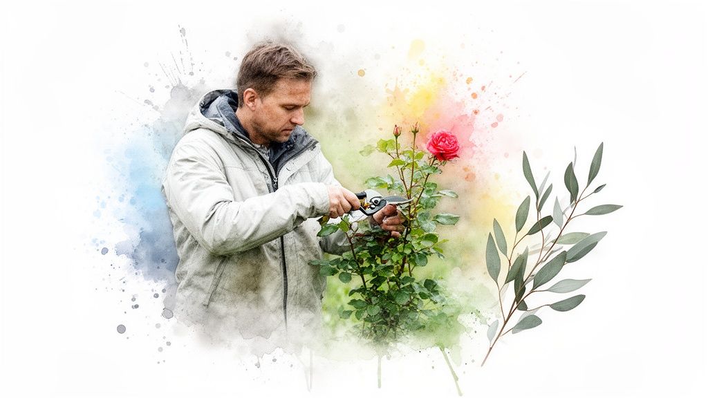 A man in a jacket carefully prunes a vibrant red rose bush with gardening shears, surrounded by watercolor splatters.