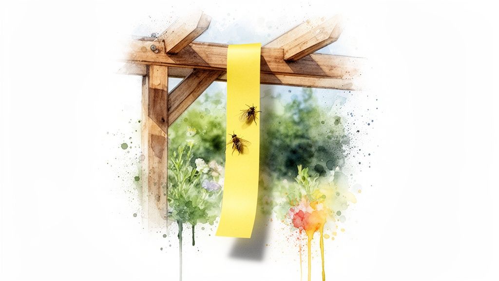 Yellow sticky fly trap with two flies hanging from a wooden beam outdoors, watercolor style.