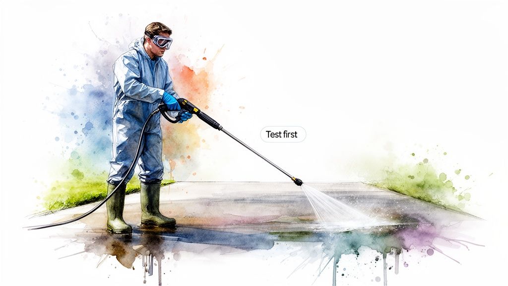 A person in protective gear pressure washing a dirty concrete driveway with a high-pressure hose.