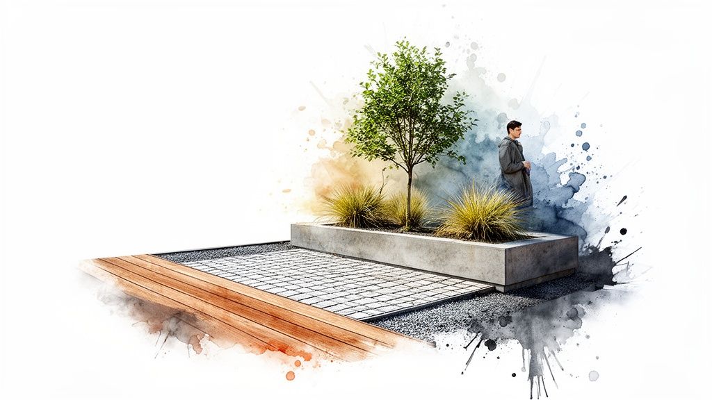 A watercolor illustration of a modern low-maintenance garden featuring a concrete planter, a tree, patio, decking, and a man.