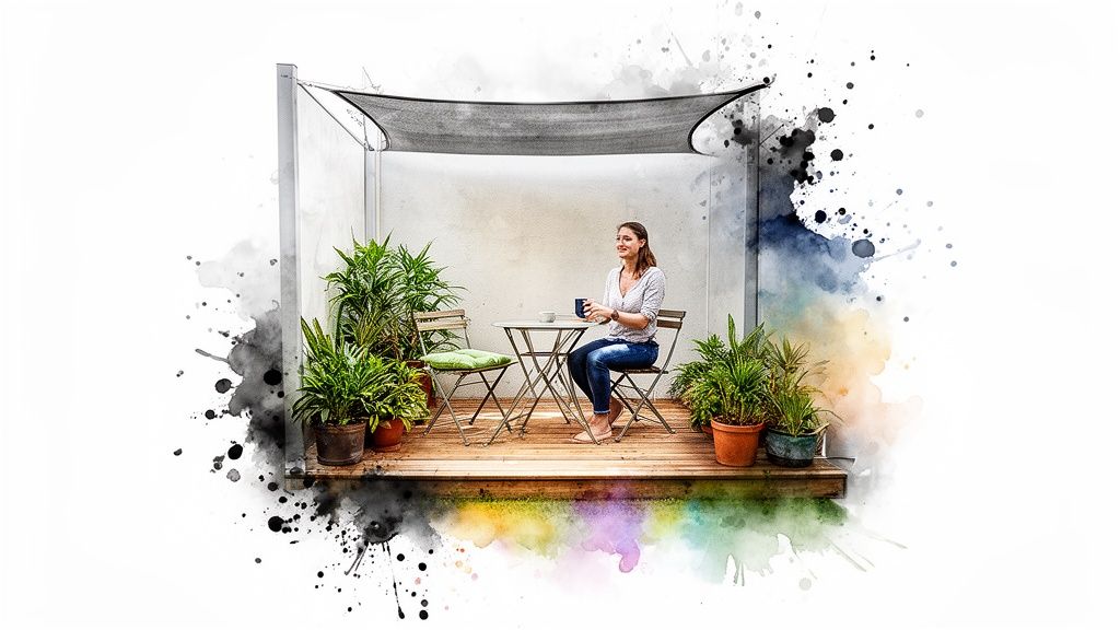 A smiling woman sips coffee on a cozy outdoor deck with potted plants and a shade sail, surrounded by watercolor splashes.