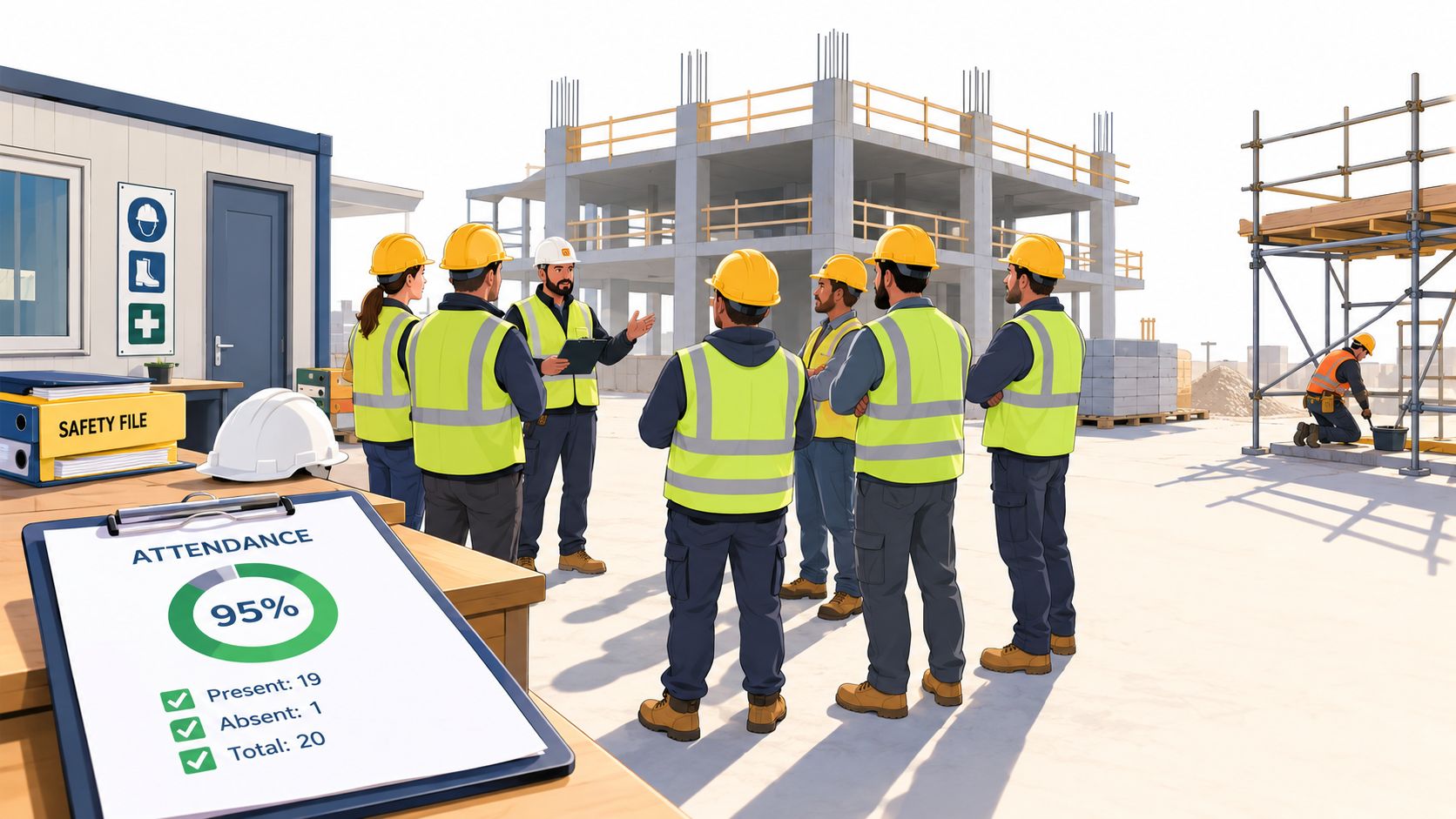 Construction team attending a safety briefing at a job site with an attendance clipboard in the foreground.