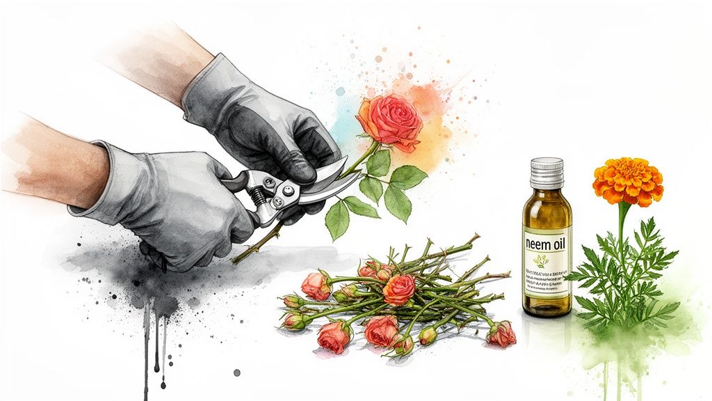 Hands in gardening gloves pruning a rose, with neem oil and a marigold flower nearby.