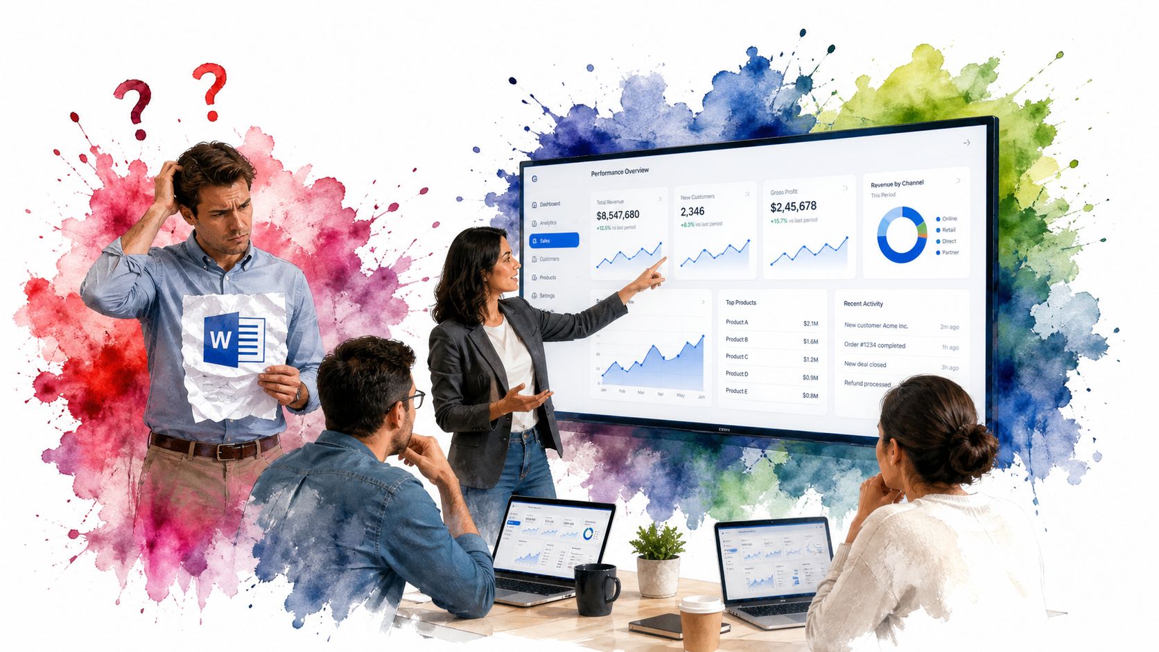 A diverse business team collaborating on performance data while one confused team member holds a Word document.