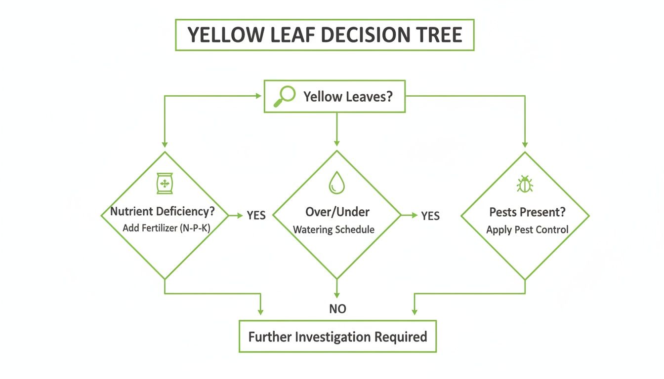 A decision tree flow chart guides diagnosing and treating yellow plant leaves for nutrient deficiency, watering, or pests.