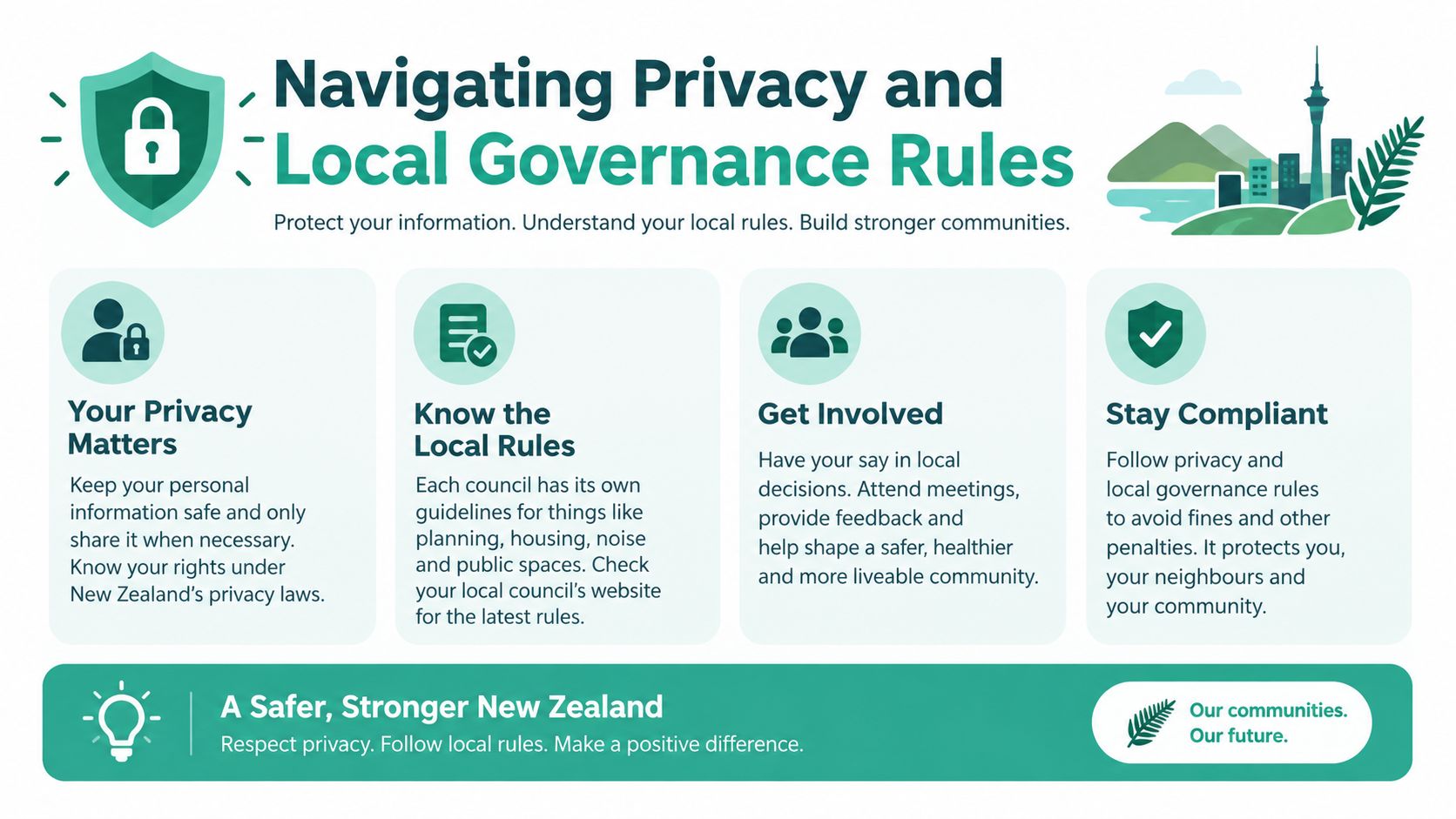 An infographic titled Navigating Privacy and Local Governance Rules offering advice on local compliance and community involvement.