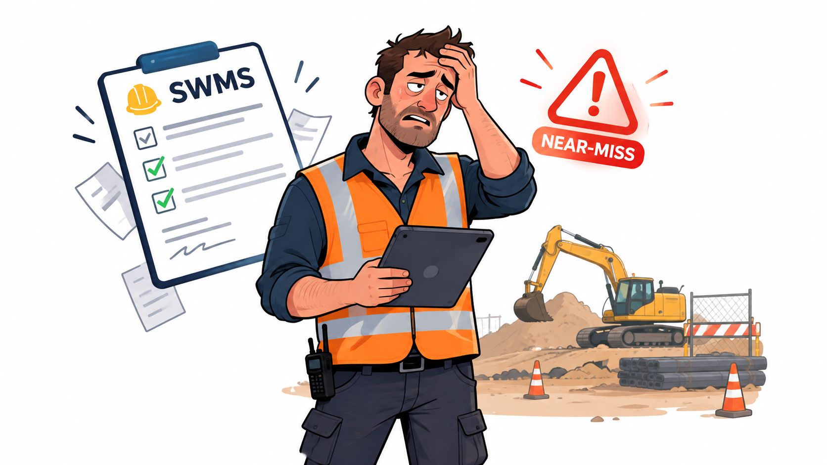 A stressed construction worker holding a tablet near a work site with a near-miss safety alert symbol.