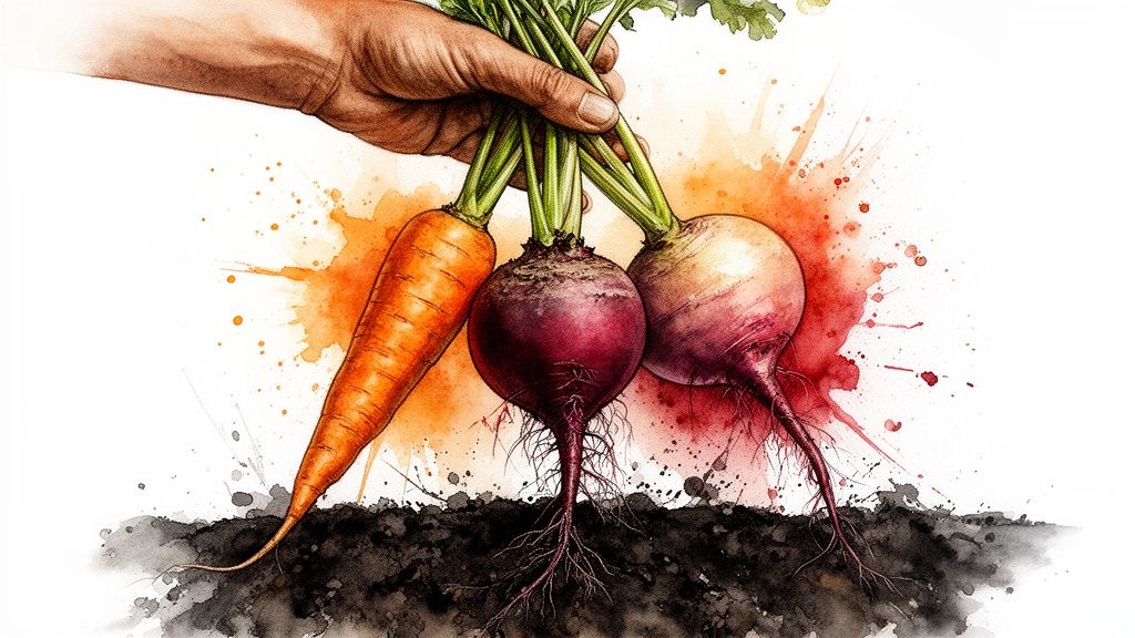 A hand pulls a fresh carrot, beetroot, and radish from the soil, depicted in watercolor.