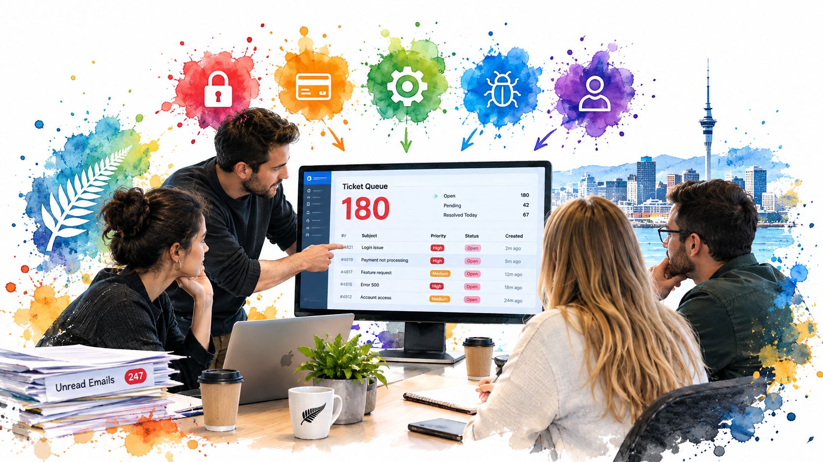 A diverse team collaborating in a creative office space while reviewing digital ticket queue analytics on screen.