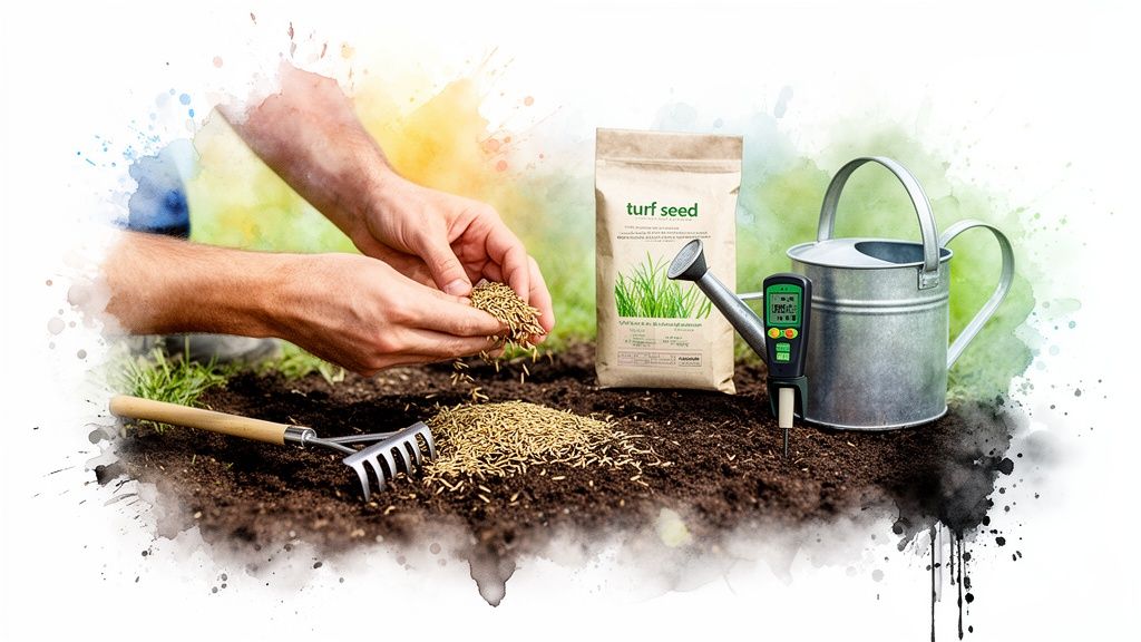Hands sowing turf seeds into soil next to a seed bag, rake, watering can, and soil meter.
