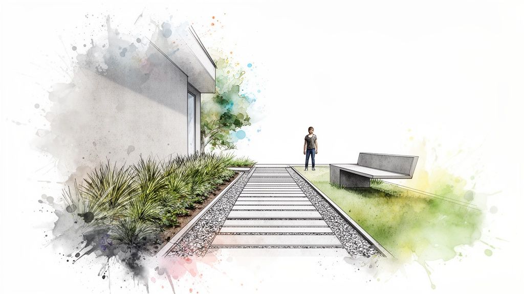 Watercolor rendering of a modern house's landscaped side with a path, plants, and a bench.