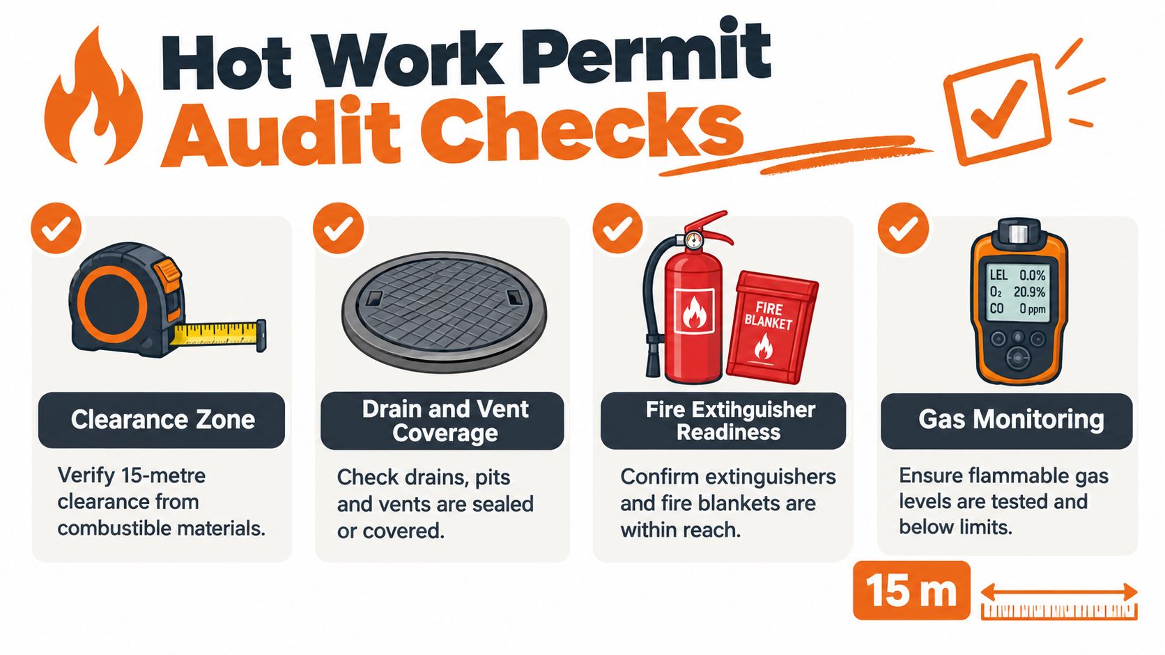 An infographic showing four critical safety audit checks for a hot work permit in an industrial setting.