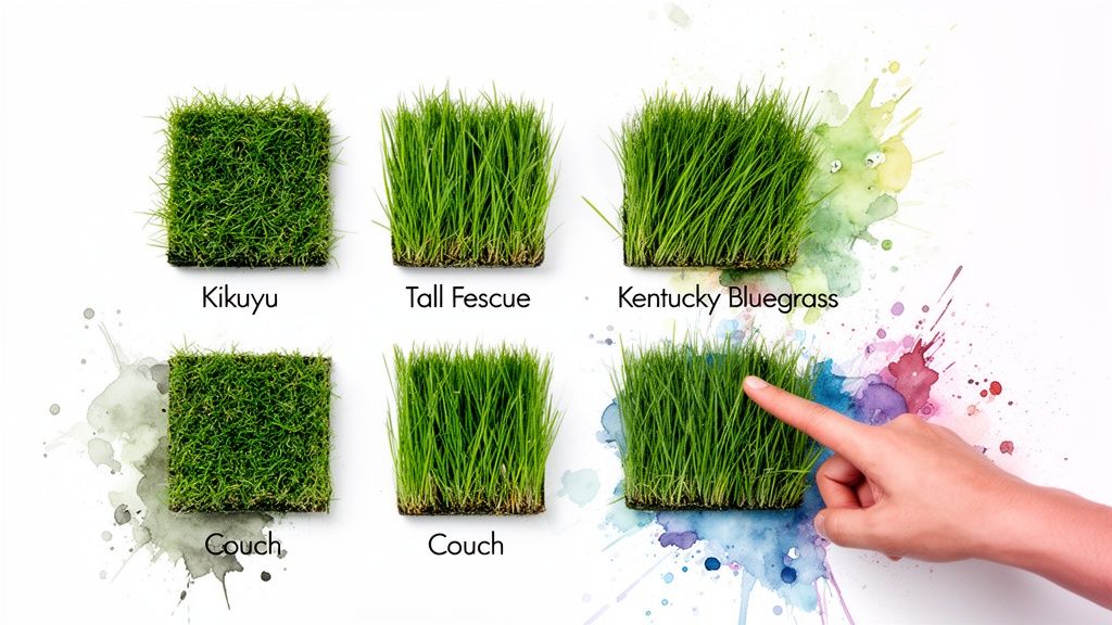 Various grass types, including Kikuyu, Tall Fescue, Kentucky Bluegrass, and Couch, displayed on a white background with a hand pointing.