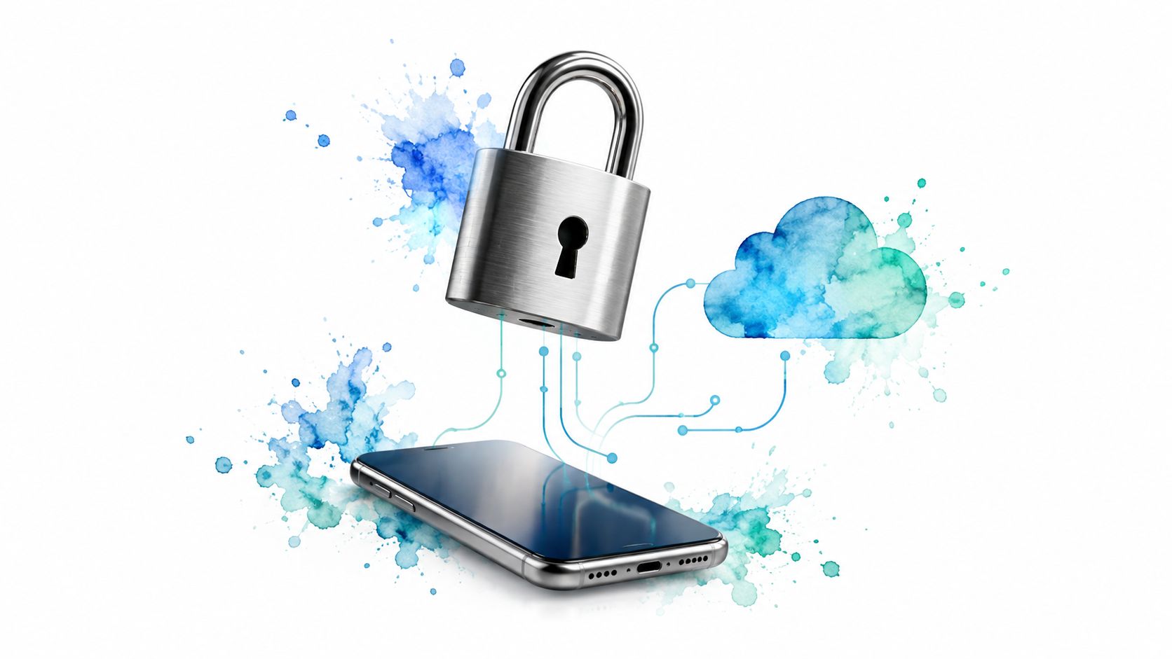 A smartphone connected to a cloud icon and a metallic padlock representing secure mobile data protection.