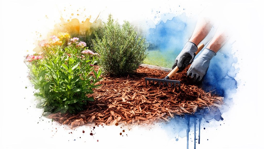 Gloved hands raking brown wood mulch around green plants and flowers in a garden bed.