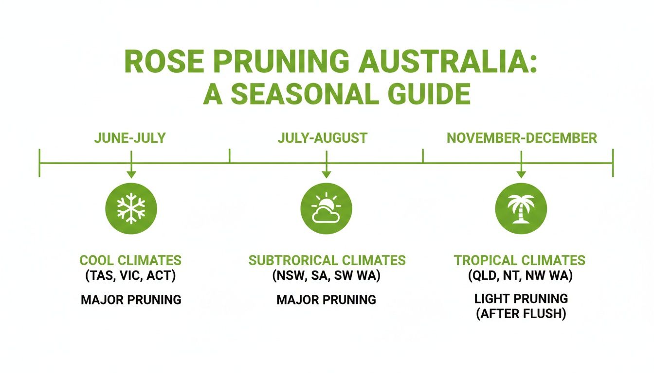 A seasonal guide for rose pruning in Australia, detailing appropriate months and pruning types for cool, subtropical, and tropical climates.