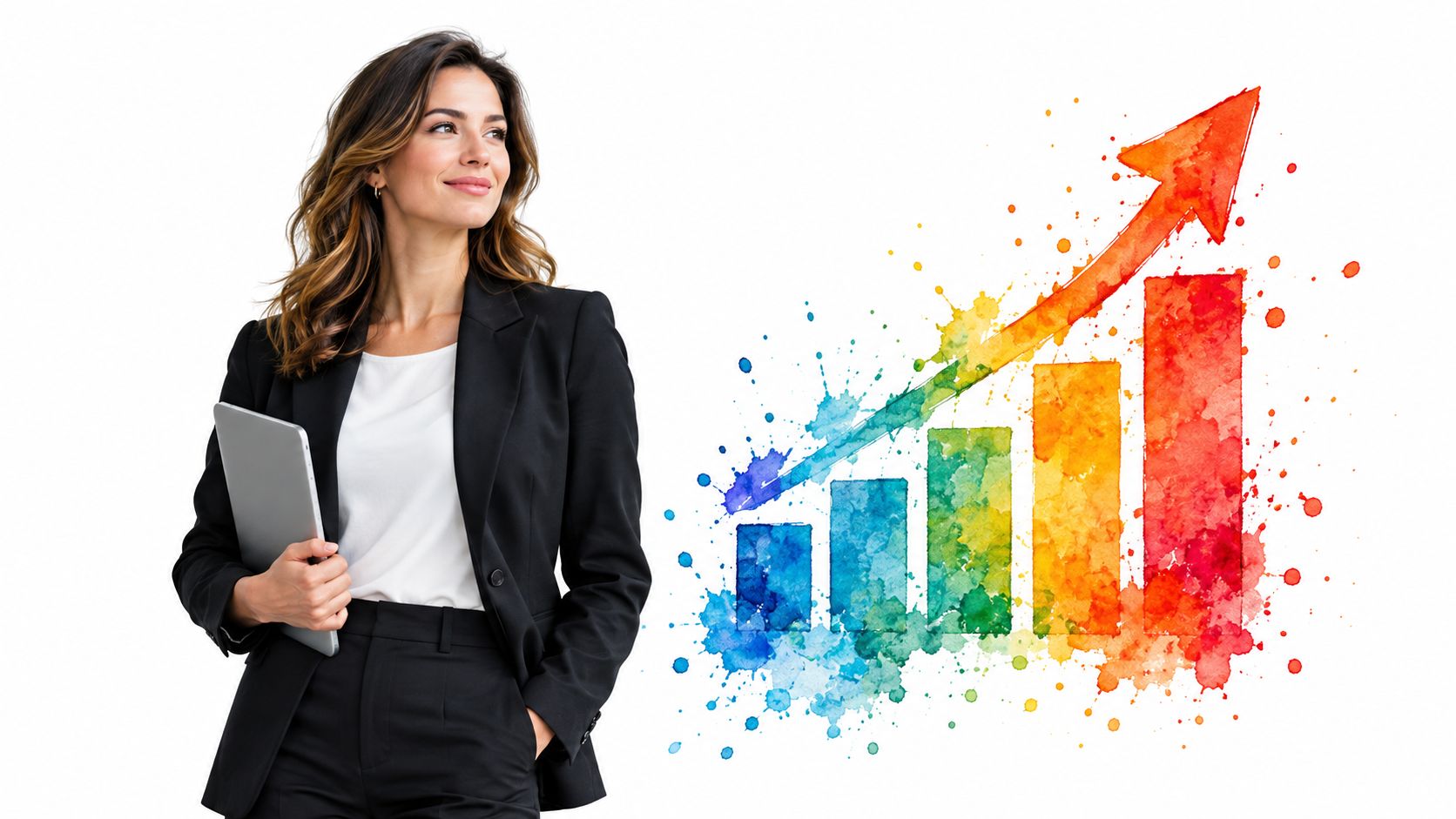 A professional woman in a business suit holding a tablet next to a colorful watercolor bar chart.