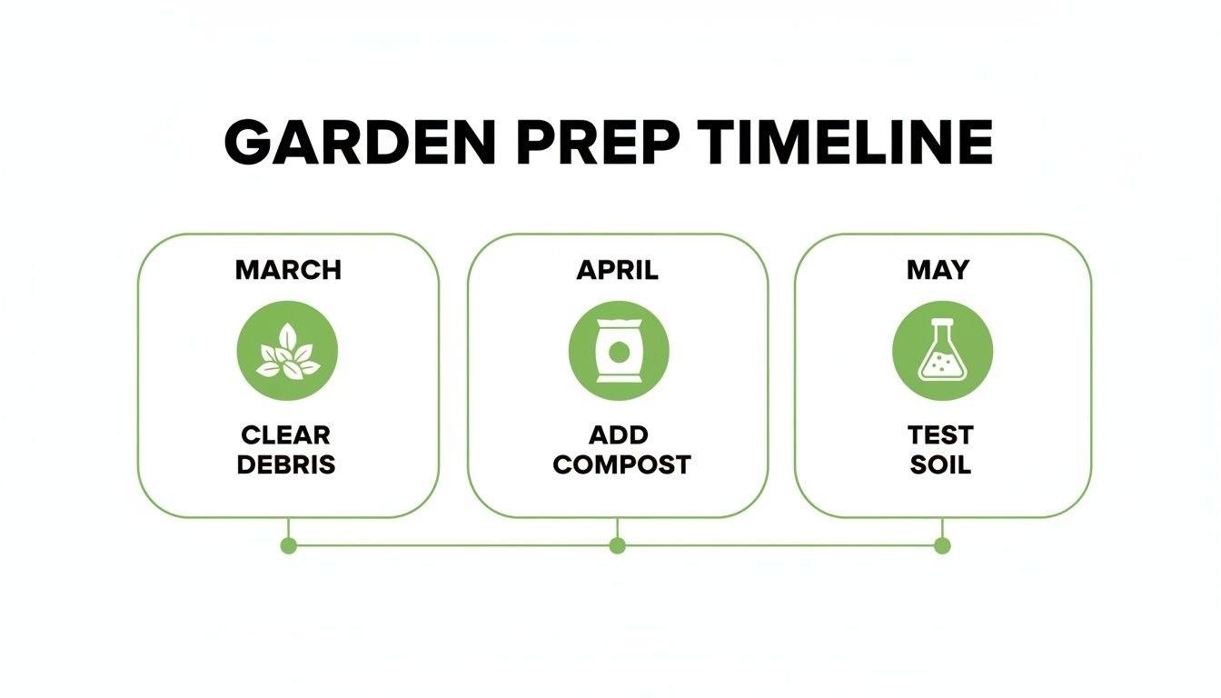 A garden preparation timeline showing steps for March (clear debris), April (add compost), and May (test soil).