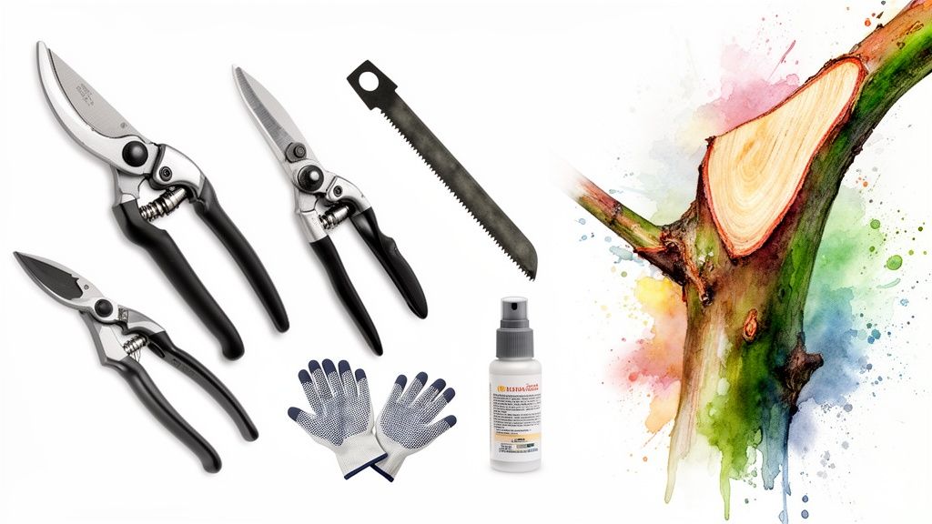 Assortment of pruning tools, gloves, and spray bottle next to a freshly cut tree branch.