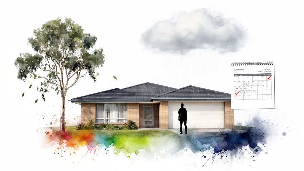 House under a rain cloud with a tree, a person, and a calendar, featuring watercolor elements.