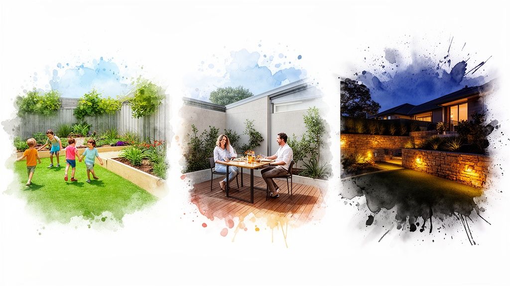 Three watercolor scenes showing diverse outdoor living spaces: kids playing, a couple dining, and a lit garden.