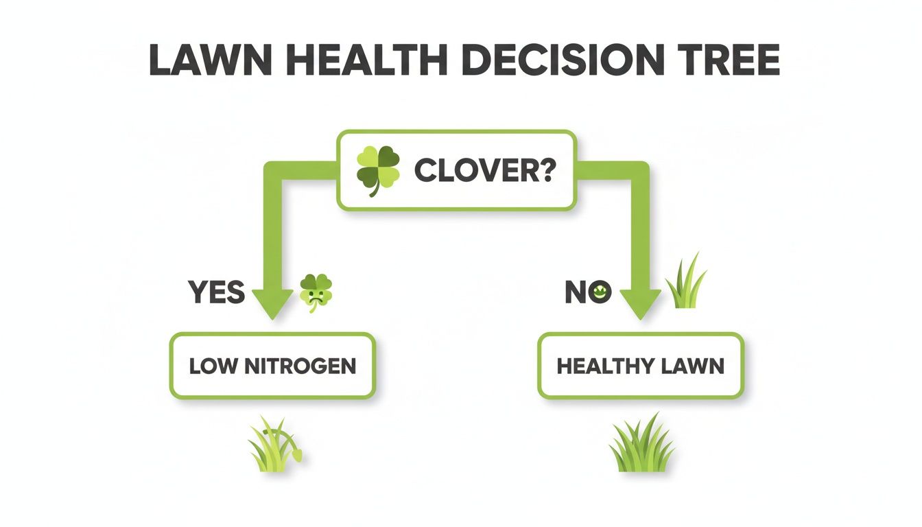 A lawn health decision tree flowchart showing clover indicates low nitrogen, while no clover means a healthy lawn.