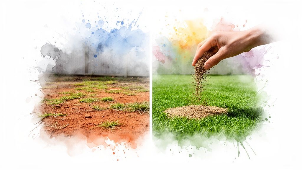 A visual comparison of a patchy, dry lawn next to a hand fertilizing healthy green grass.