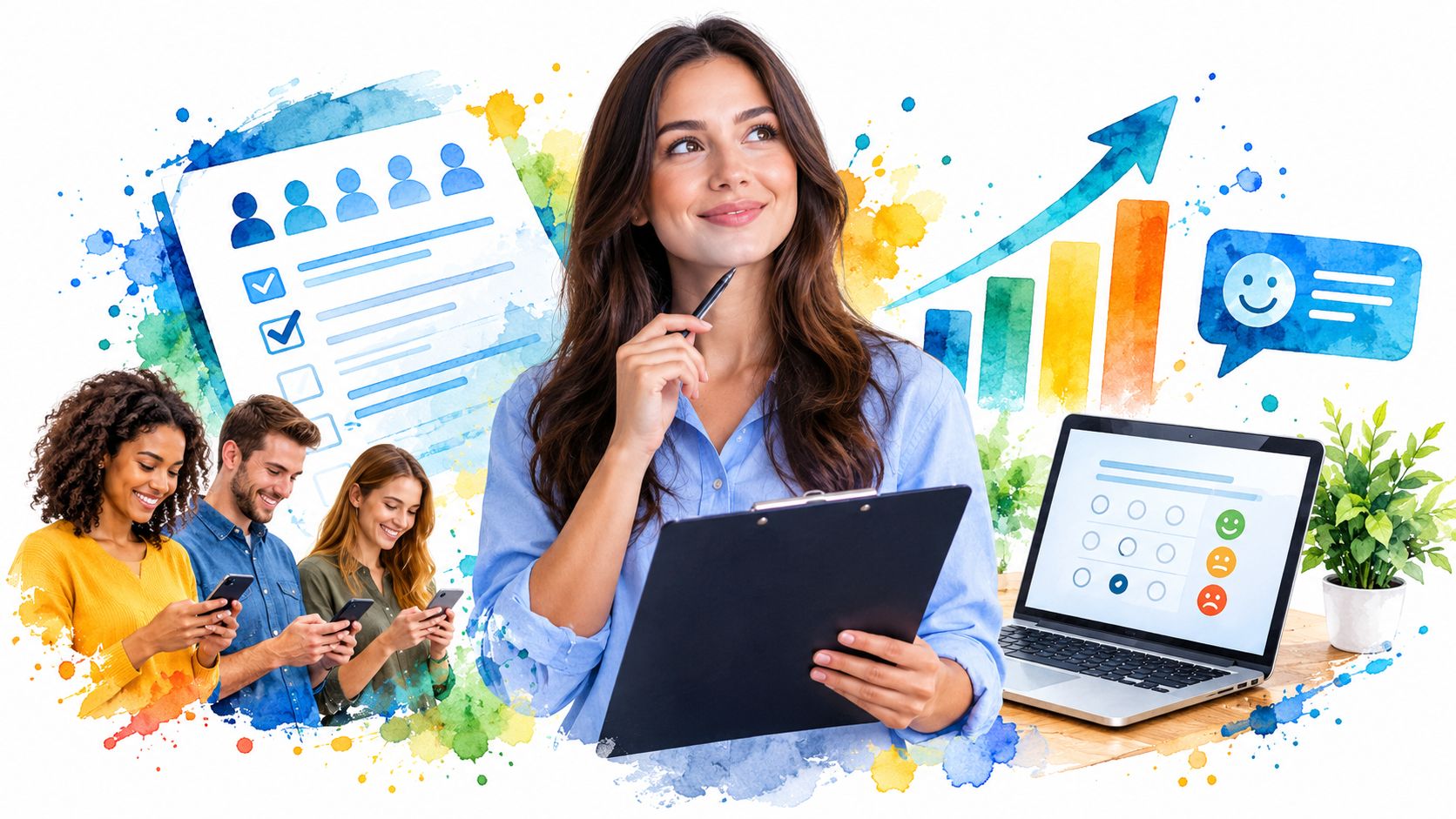 A professional woman holding a clipboard standing in front of survey icons and a laptop, analyzing feedback.