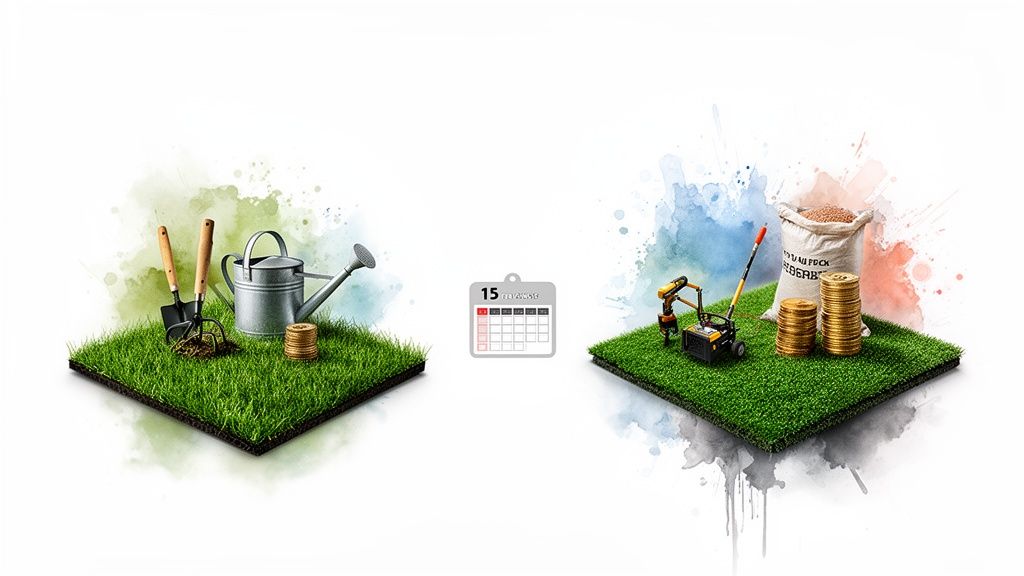 Two artificial grass squares with gardening tools, money, excavator, and seed sack, separated by a calendar.