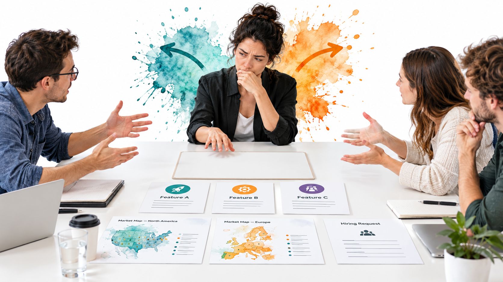 A team of professionals collaborating around a table with strategic planning documents and business analysis charts displayed.