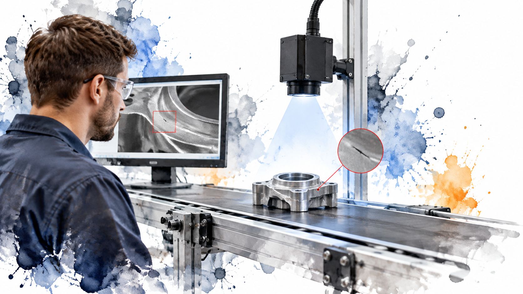 A technician using a computer vision system to inspect a metal part for defects on a conveyor
