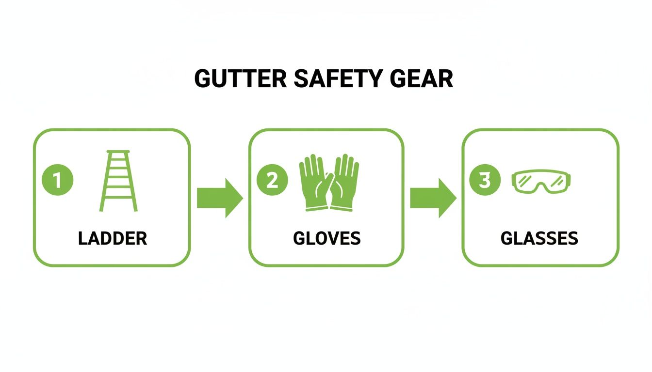 Diagram showing essential gutter safety gear: ladder, gloves, and safety glasses in a three-step sequence.