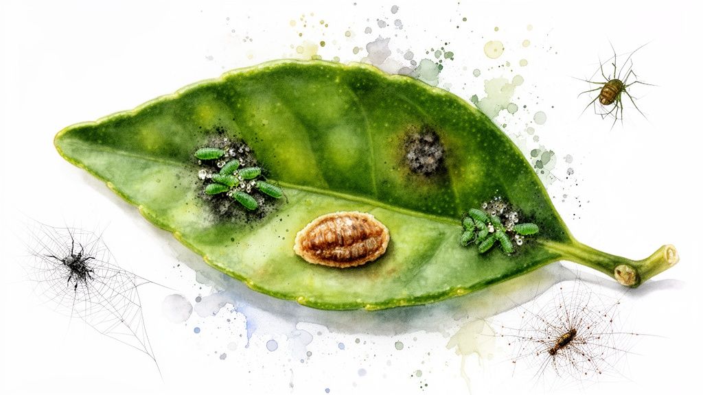 Watercolor illustration depicting various insects, including aphids and scale, on a green citrus leaf.