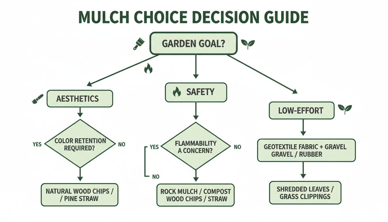 Flowchart guiding mulch choices for garden beds based on aesthetics, safety, and effort.