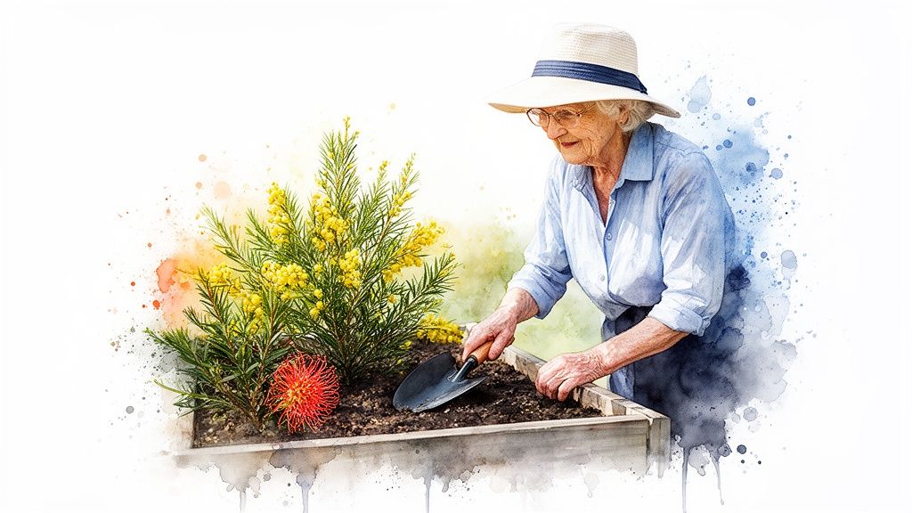 An elderly woman wearing a hat and glasses, happily gardening in a raised planter with yellow and red flowers.