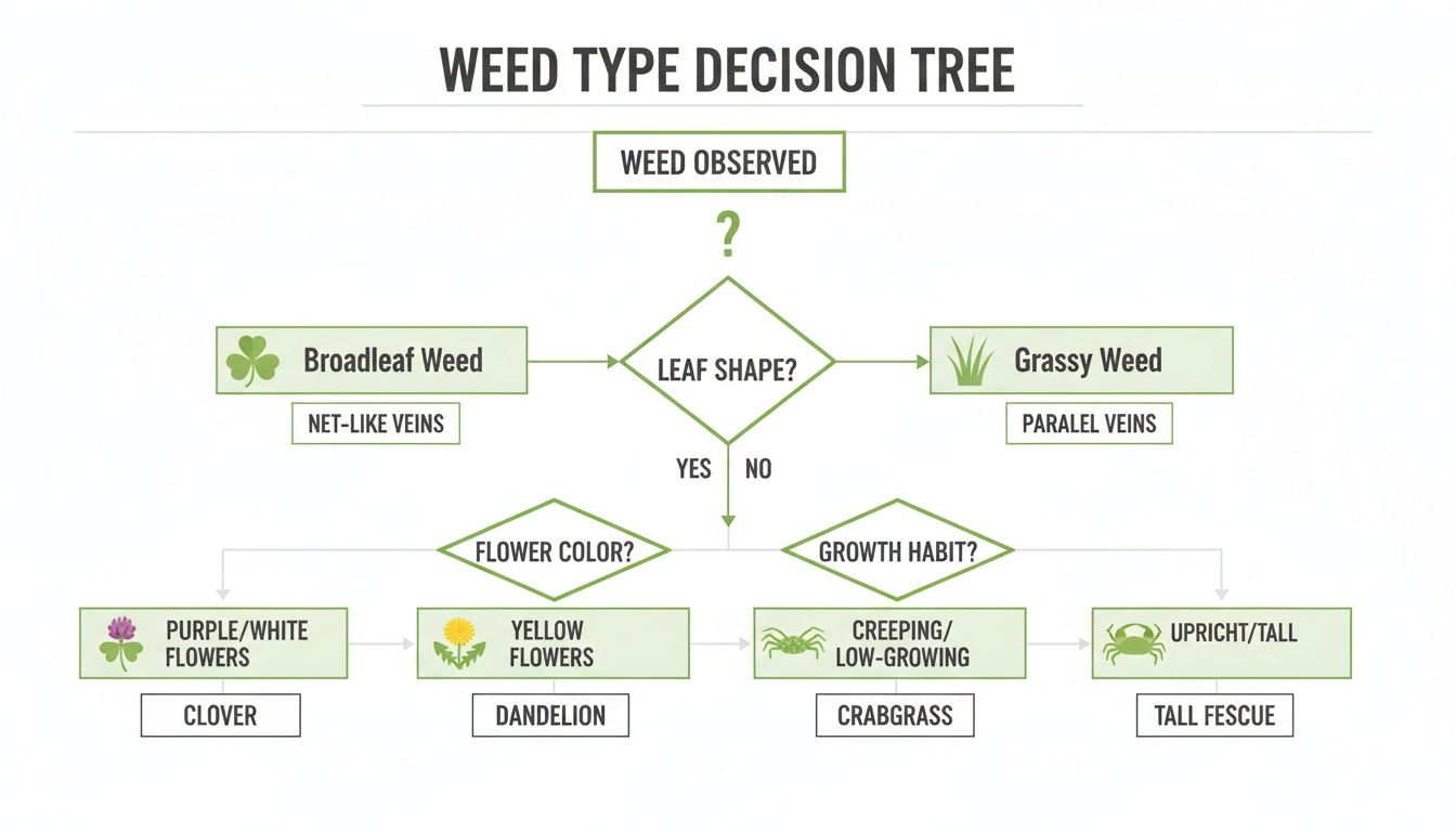 A decision tree flowchart for identifying different types of weeds based on their characteristics like leaf shape, flower color, and growth habit.