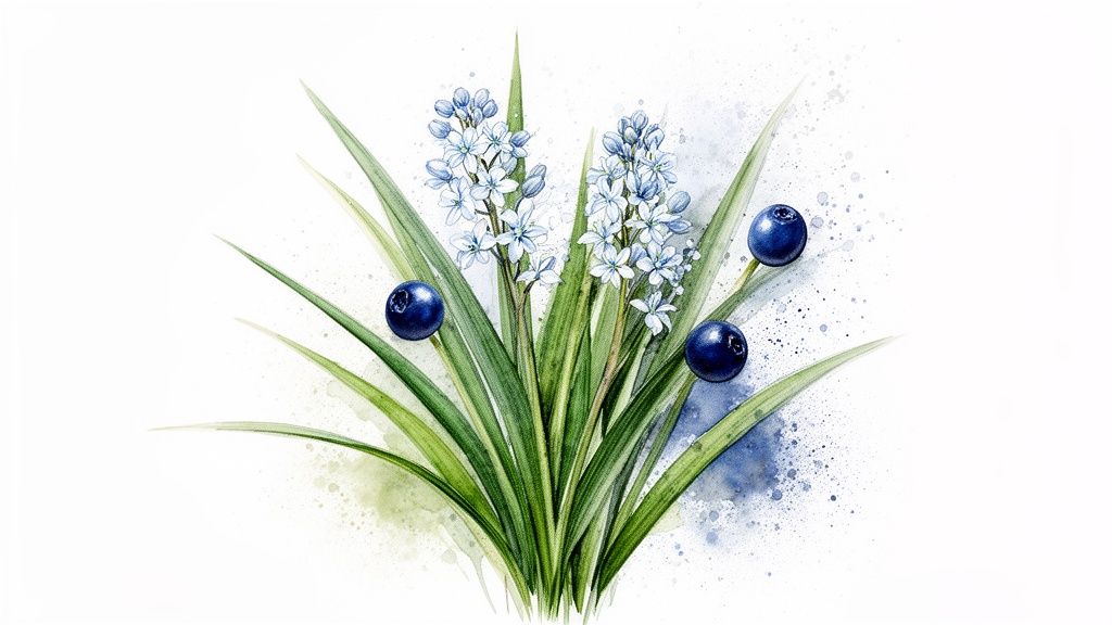 Watercolor illustration of delicate blue flowers and blueberries nestled among vibrant green leaves.