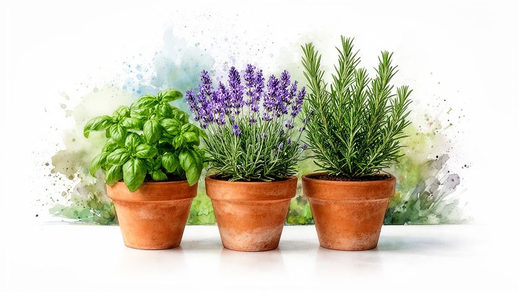 Three potted herbs: fresh green basil, purple lavender, and spiky rosemary in terracotta pots.