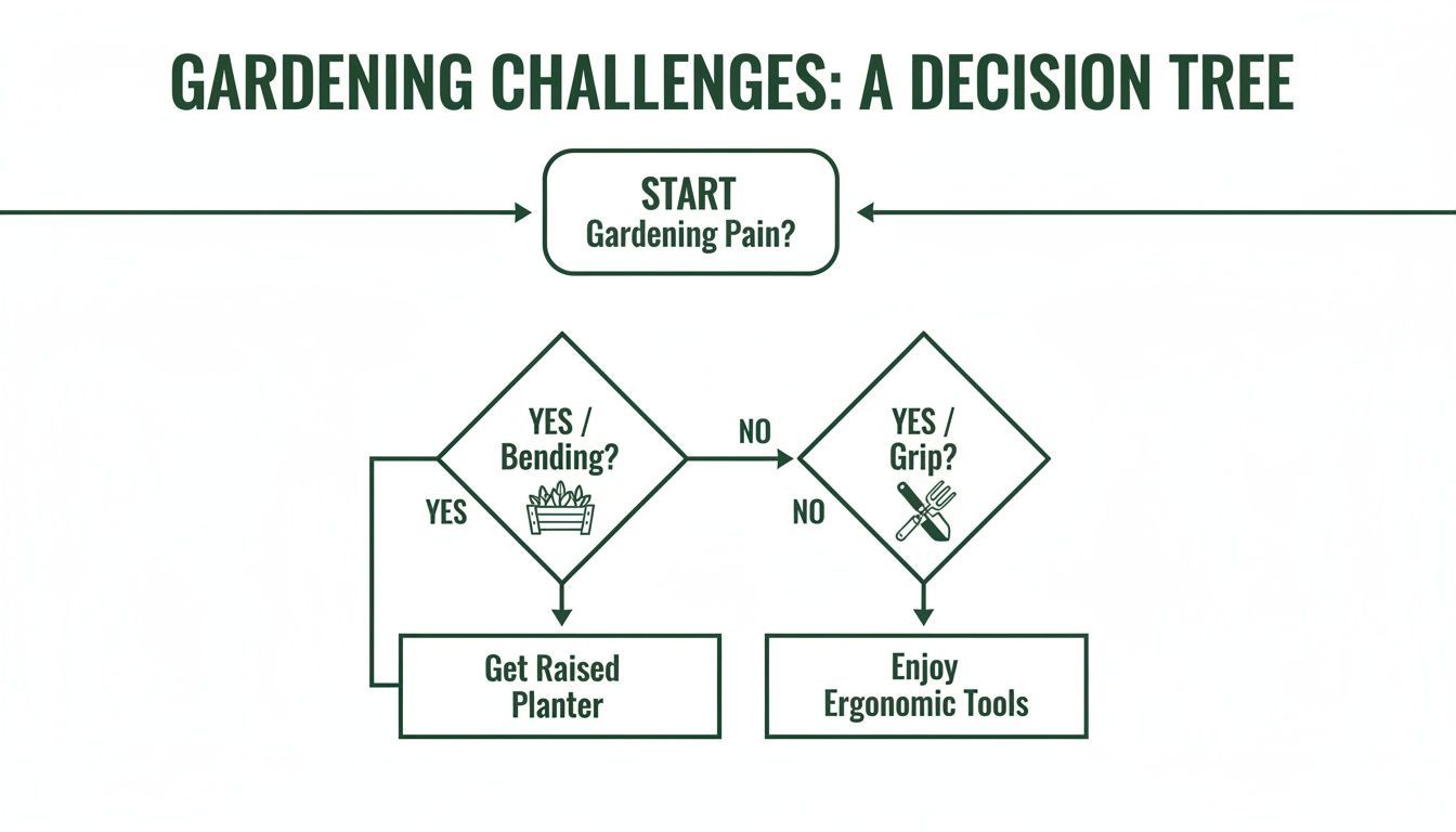 A decision tree flowchart outlines solutions for common gardening challenges, including bending and grip.