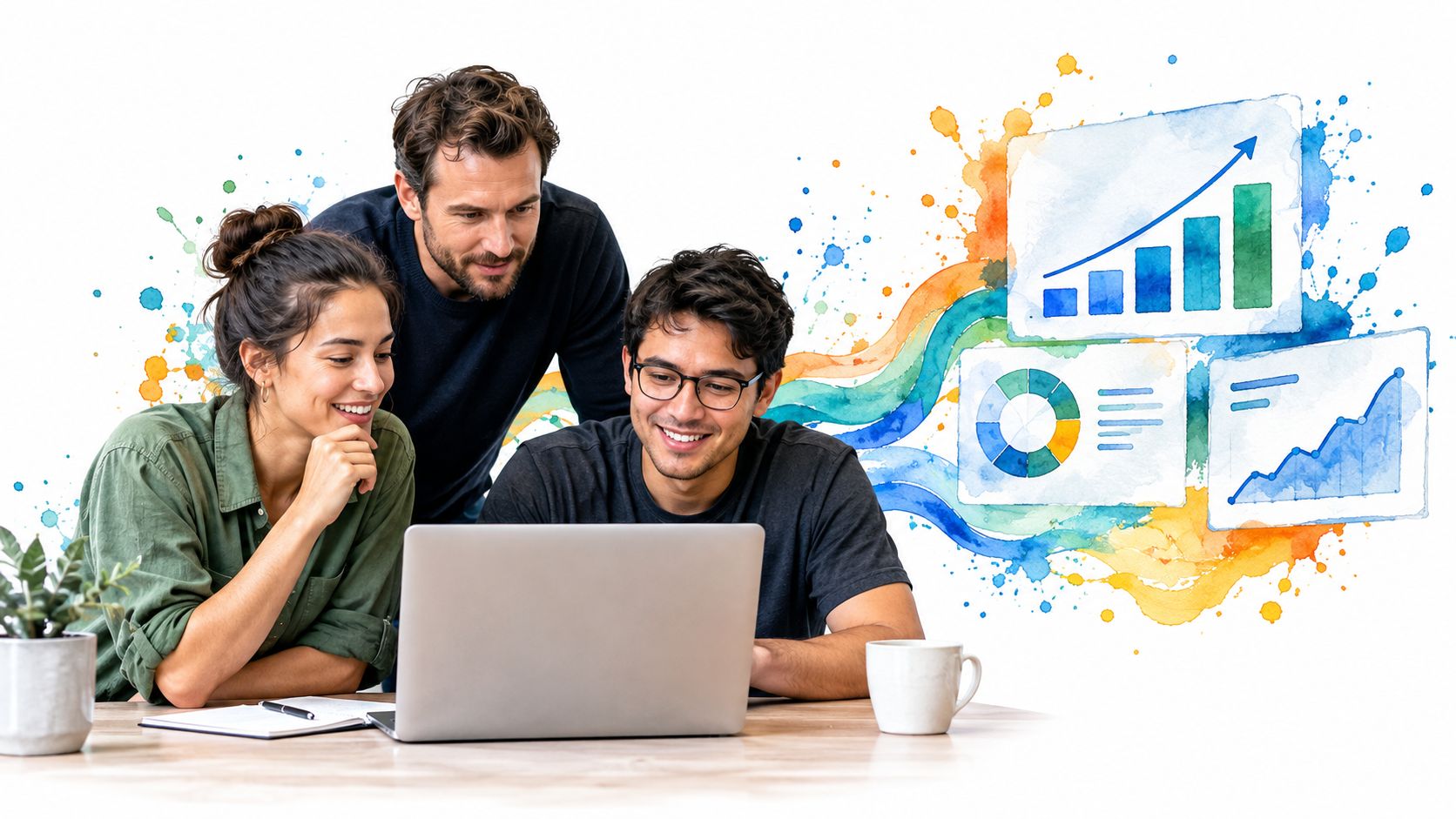 A diverse business team collaborating on a laptop with vibrant abstract data charts in the background.