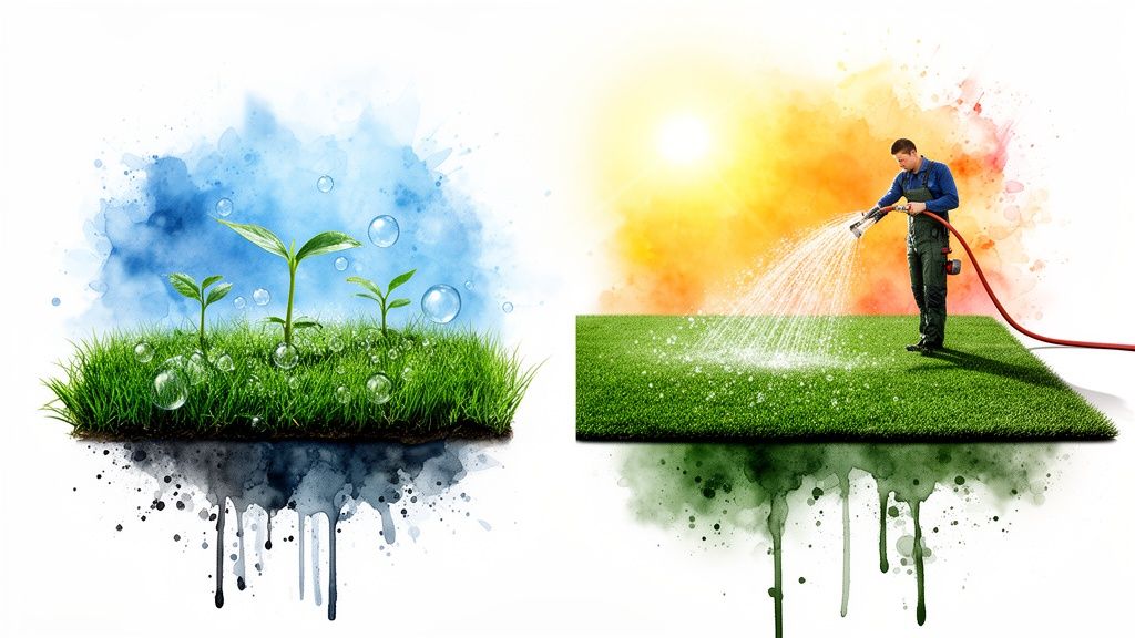 Comparison of vibrant natural grass sprouts under rain and a man watering artificial turf under sun.